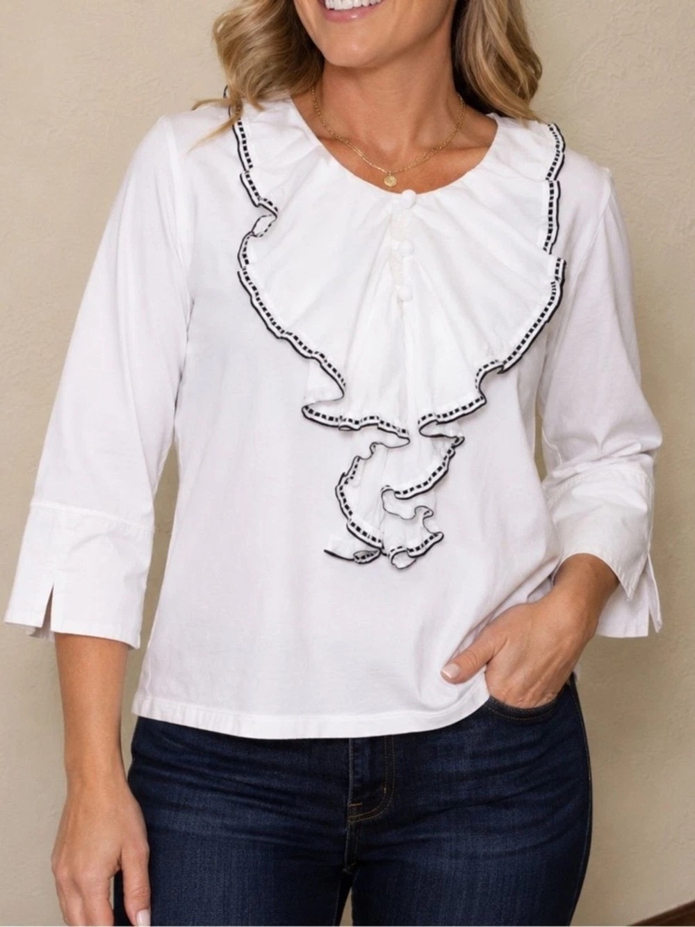 CAbi White Ruffle Front Top with Black Trim
